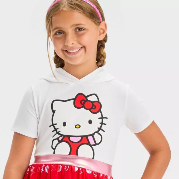 NEW Girls' Hello Kitty Hooded Cosplay Short Sleeve Tutu Dress - Red/White XS - Picture 2 of 8